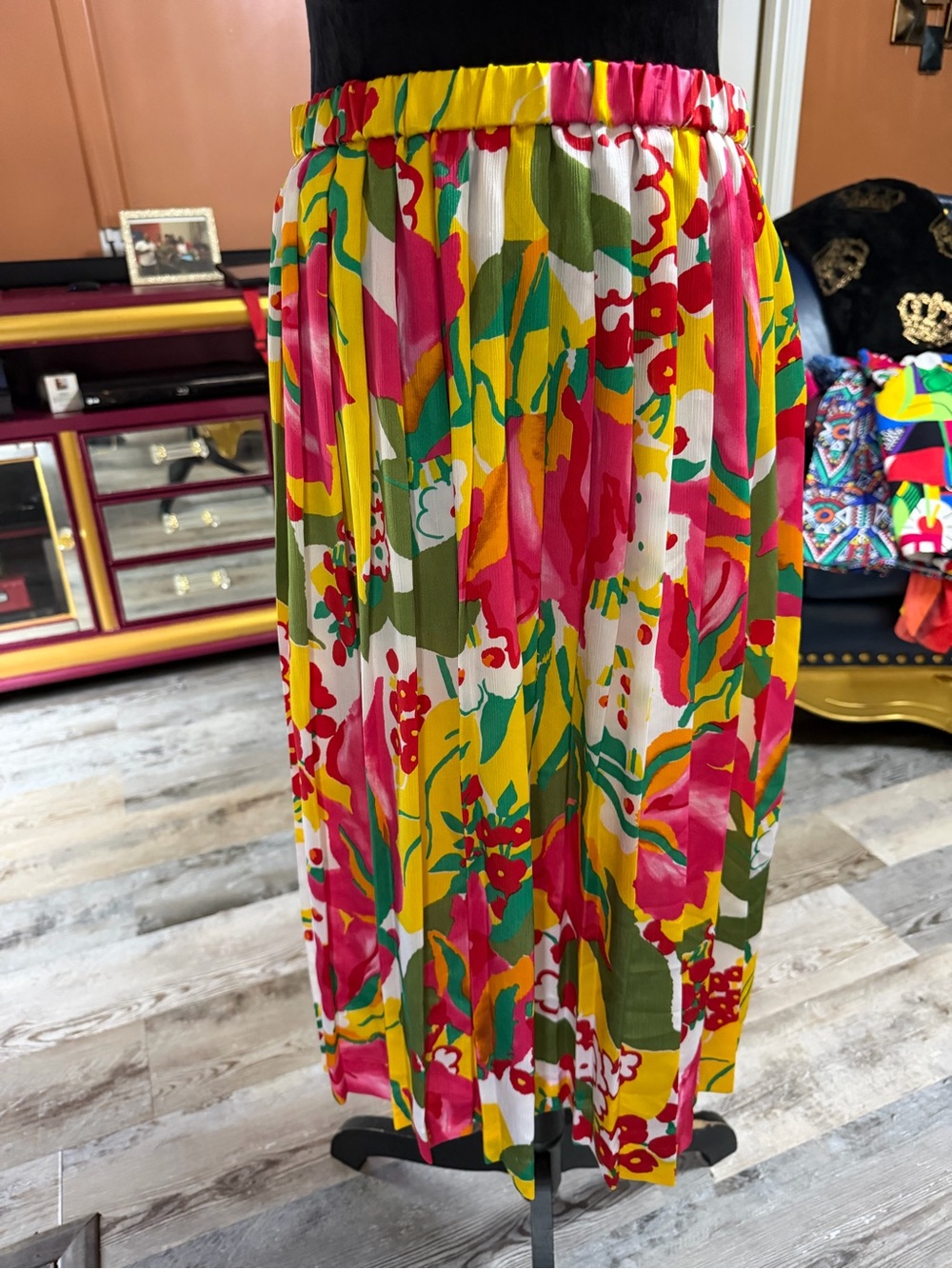 Vibrant Vintage  Floral Pleated Midi Skirt in Pink, Yellow & Green